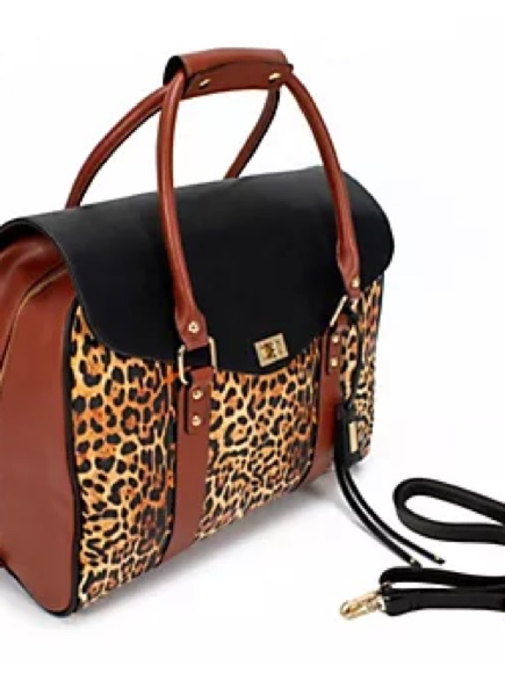Badgley Mischka Leopard Print Leather Satchel Black Brown Accents weekender bag - Picture 4 of 15